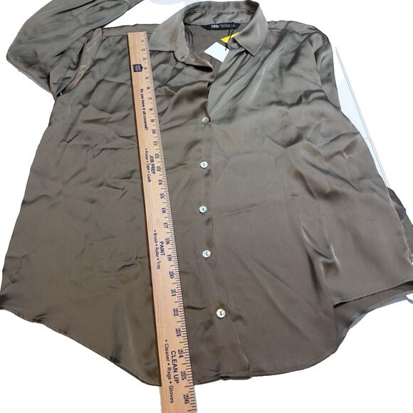 ZARA OFF GREEN SATIN V-NECK SHIRT LONG SLEEVE BUTTON CLOSURE SIZE M NWT - Picture 5 of 9